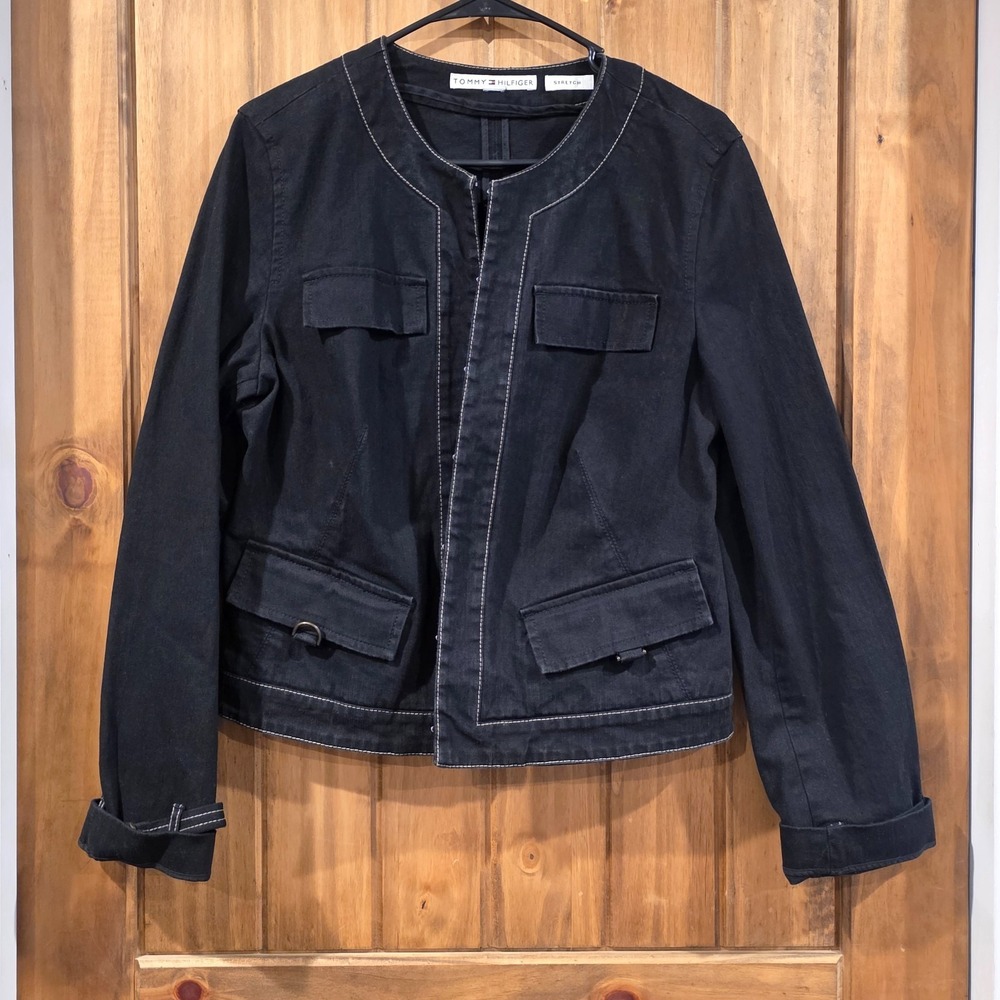 Vintage Tommy Hilfiger Stretch Jacket Womens Small Dark Blue‎ Denim Flap Pockets